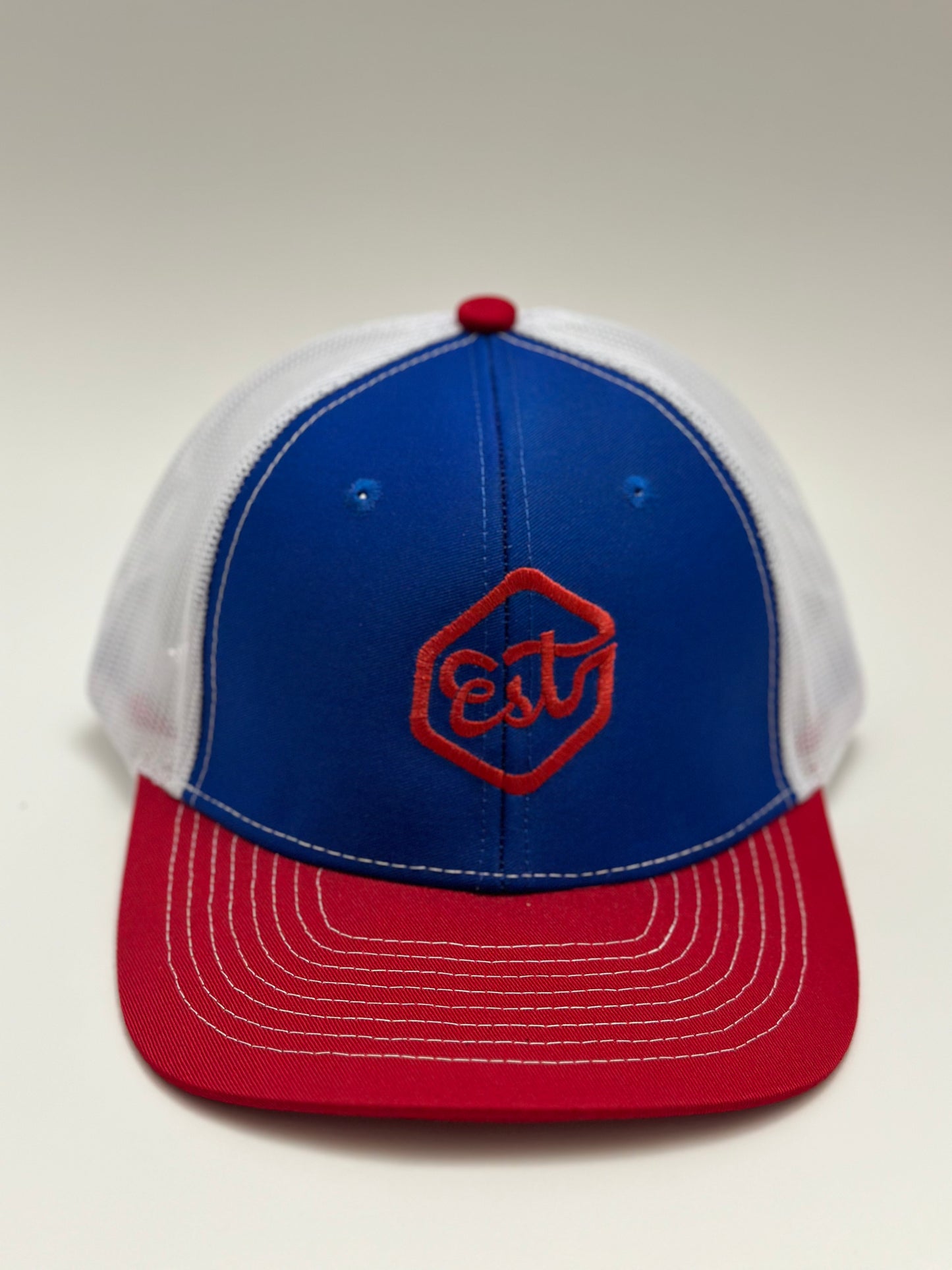 "Est" Trucker Hat - Red/Blue (Red Logo)
