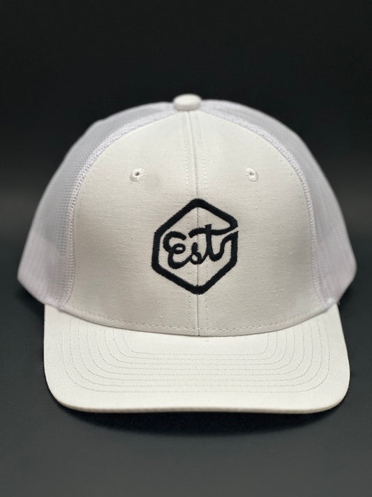 "Est" Trucker Hat - White (Black Logo)