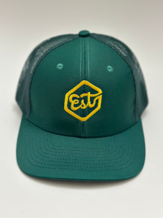 "Est" Trucker Hat - Dark Green (Yellow Gold Logo)