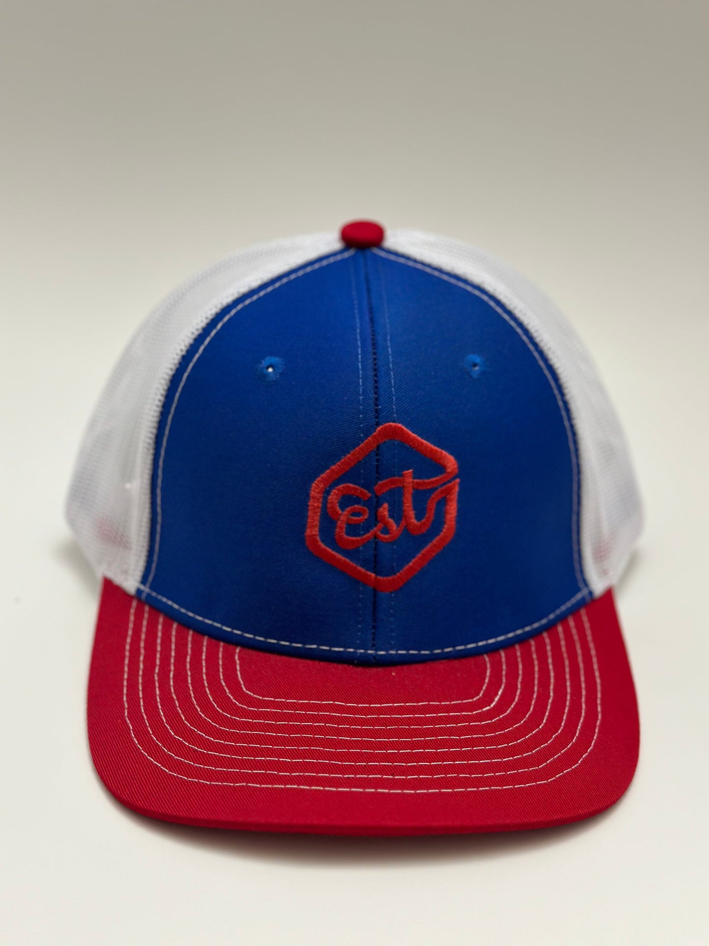 "Est" Trucker Hat - Red/Blue (Red Logo)