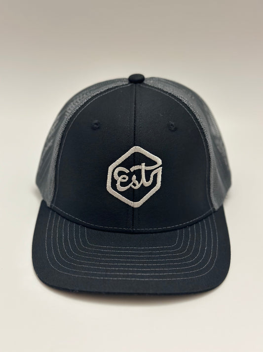 "Est" Trucker Hat - Black/Gray (Silver Logo)