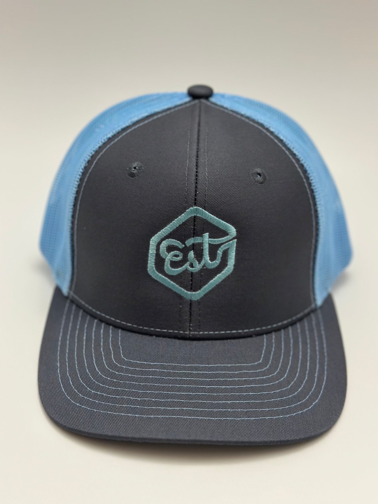 "Est" Trucker Hat - Gray/Light Blue (Light Blue Logo)