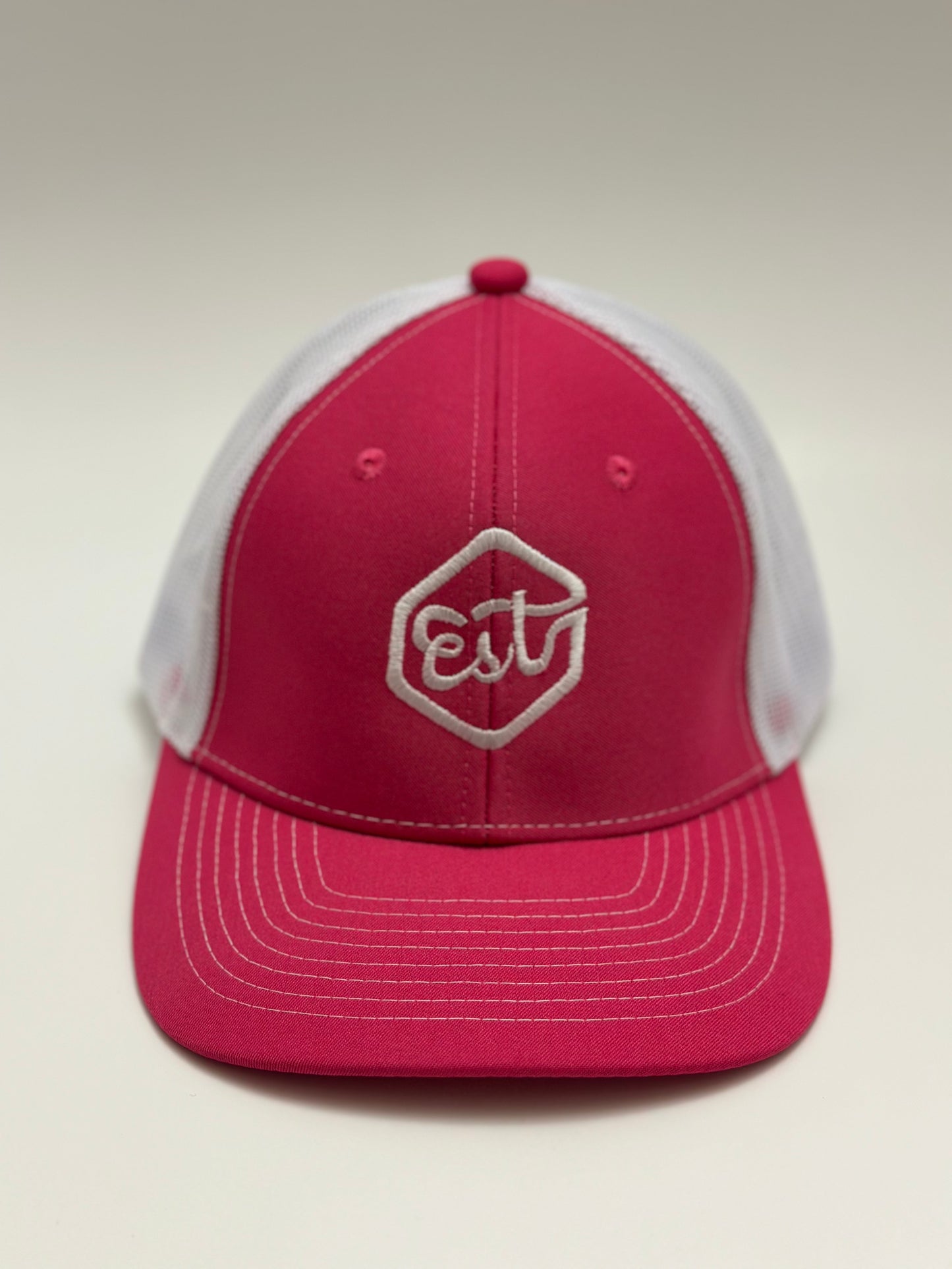 "Est" Trucker Hat - Pink/White (White Logo)